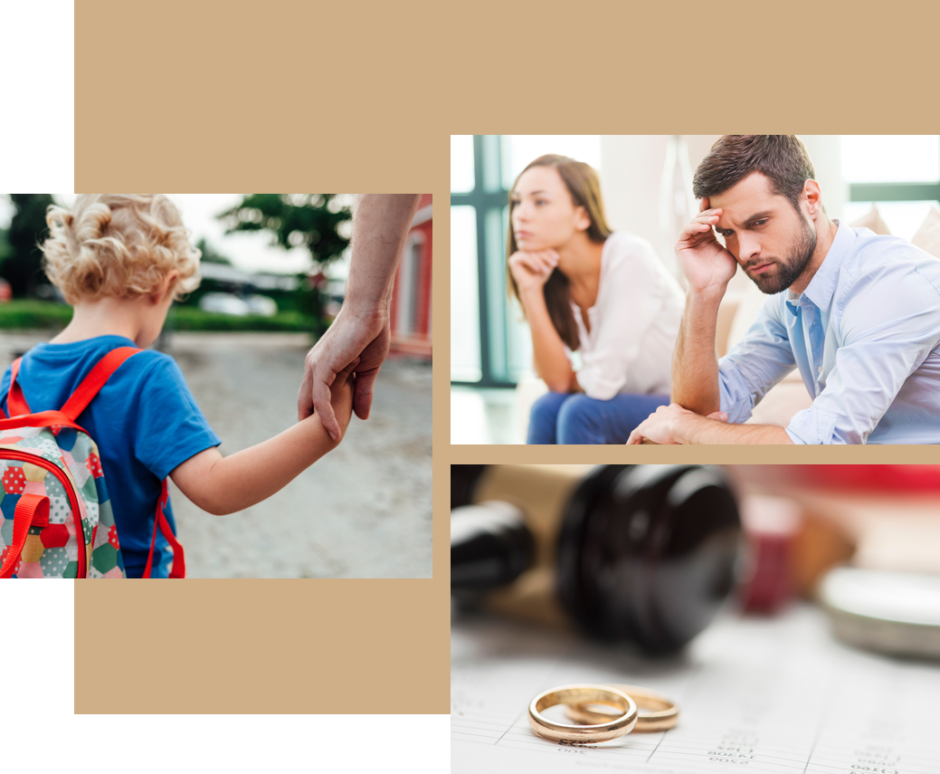 kid holding parents hand and a upset couple fighting and rings and gavel